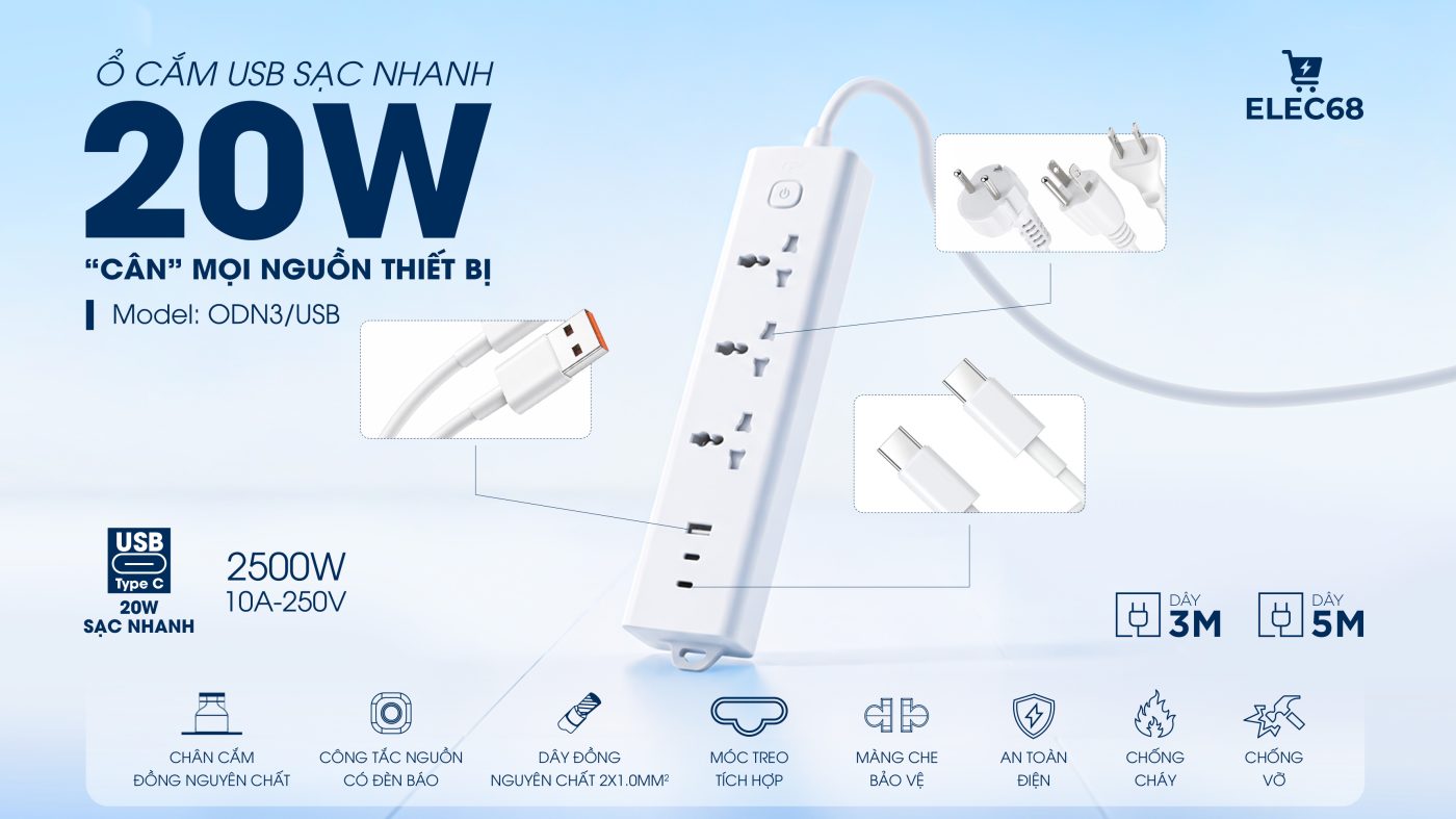 Ổ CẮM USB SẠC NHANH 20W